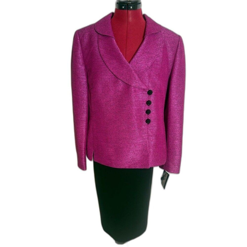 NWT Kasper Skirt Suit Women Size 16P Magenta & Black 2-Piece Set Blazer & Skirt